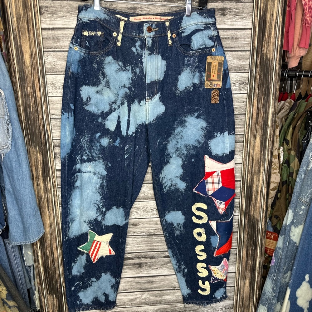 Artisan Handmade UpCycled Denim Balloon Barrel Jeans Vintage Quilt Handpainted